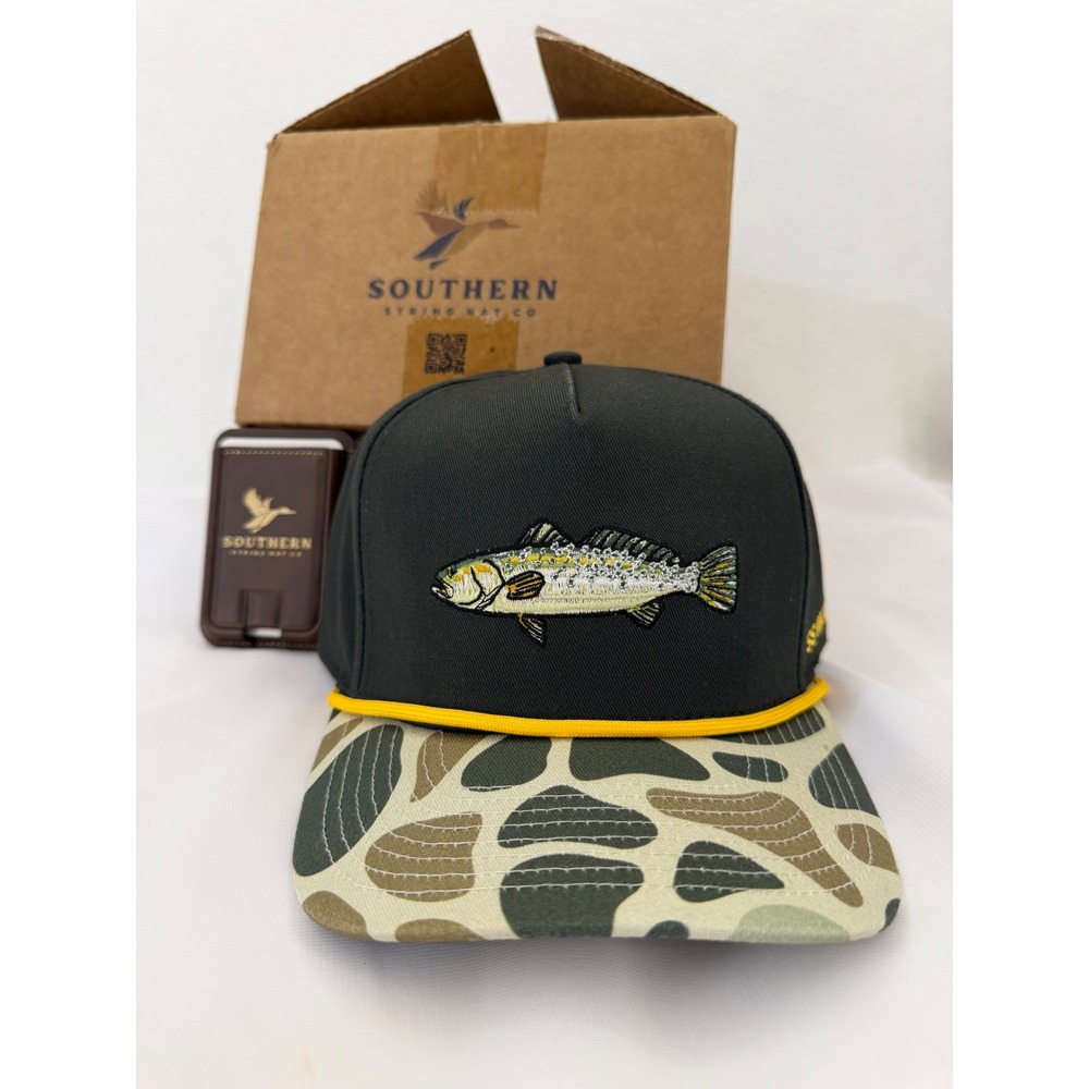 Southern String Hat Co Speckled Trout Camo Rope Trucker Hat Snapback Black Green